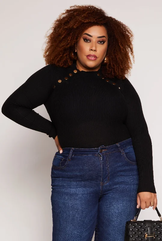 Plus Size Button Detail Crew Neck Sweater