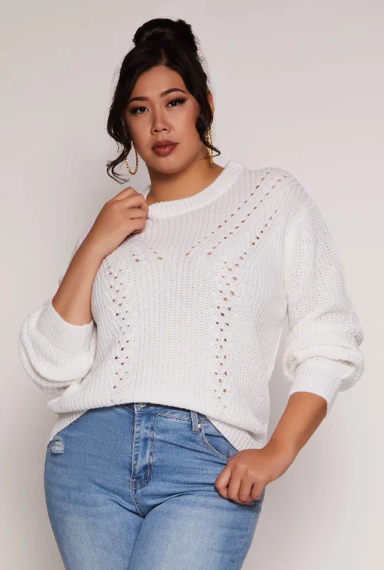 Plus Size Pointelle Knit Crew Neck Sweater