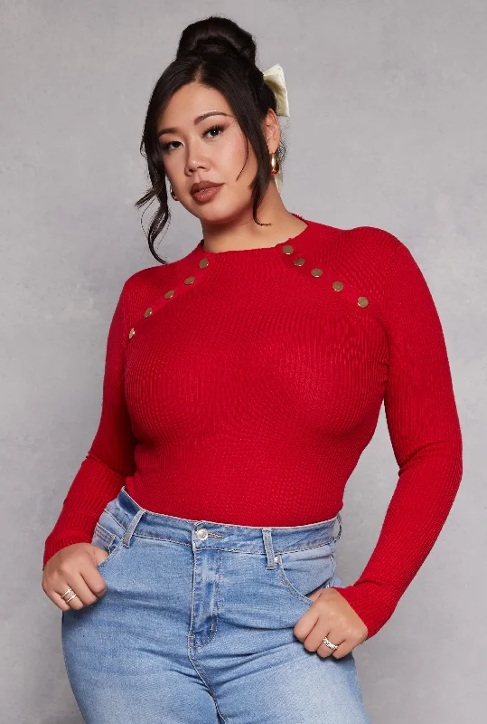 Plus Size Button Detail Crew Neck Sweater