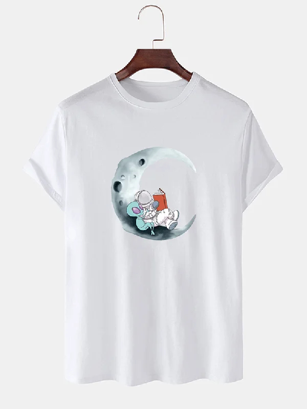 Mens 100% Cotton Moon Astronaut Print Short Sleeve Casual T-Shirts