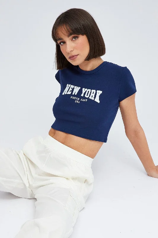 Blue Baby Tee Short Sleeve Crop Graphic