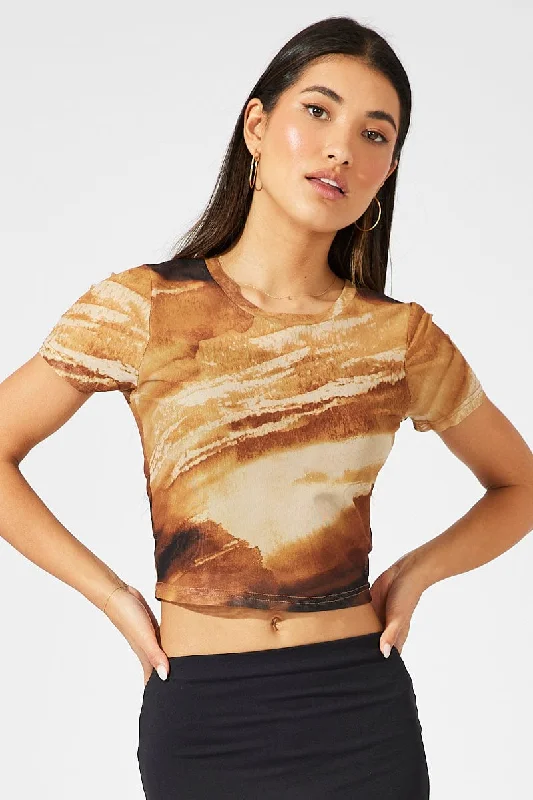 Brown Abstract Top Short Sleeve