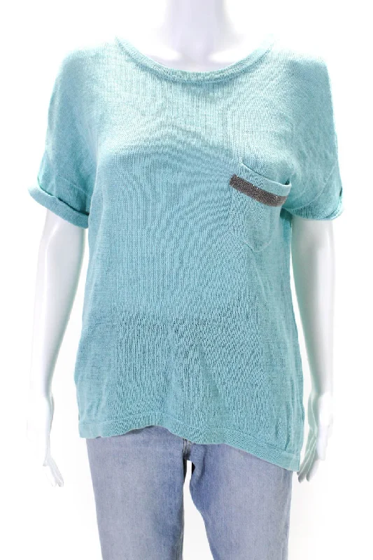 Brunello Cucinelli Womens Short Sleeve Monili Pocket Knit Shirt Blue