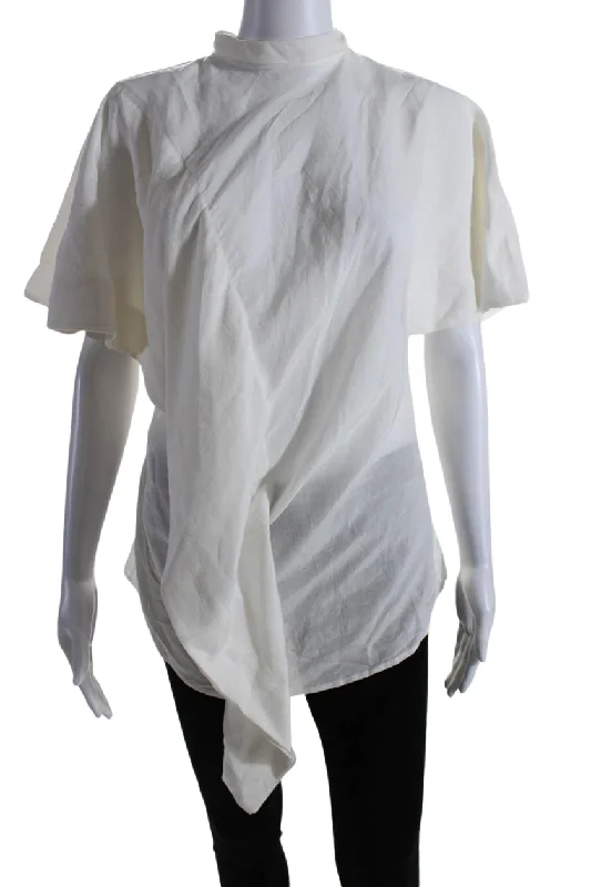 Colville Women Linen Tie Neck Short Sleeves Love Blouse Ecru White