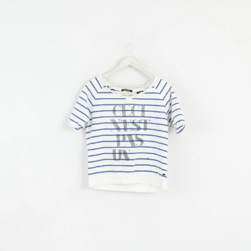 Maison Scotch Women 2 S Blouse White Blue Striped Cotton Short Sleeve Top