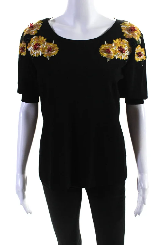 Escada Womens Black Floral Applique Crew Neck Short Sleeve Blouse Top