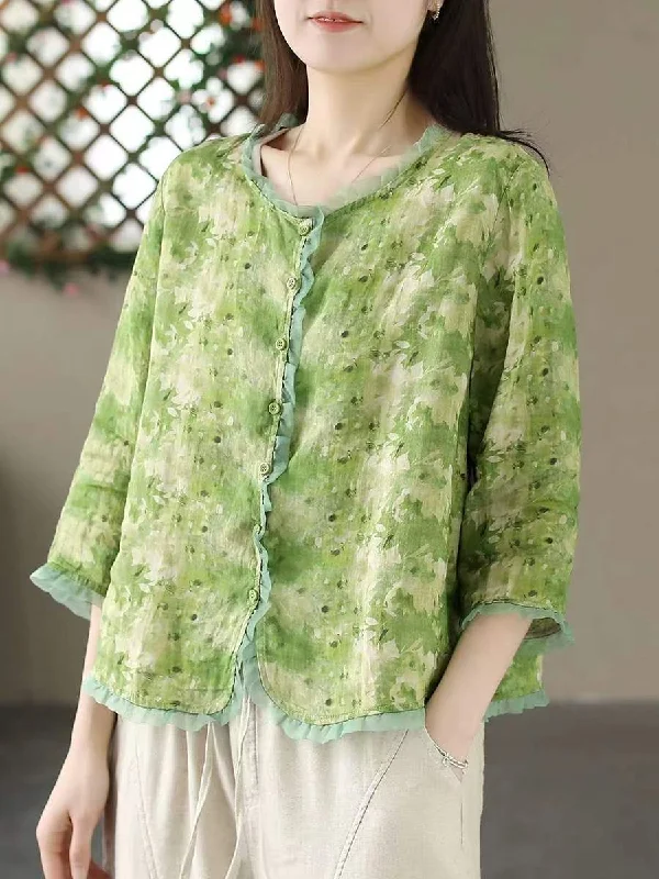 Floral Printed Ramie Short Sleeve Blouse