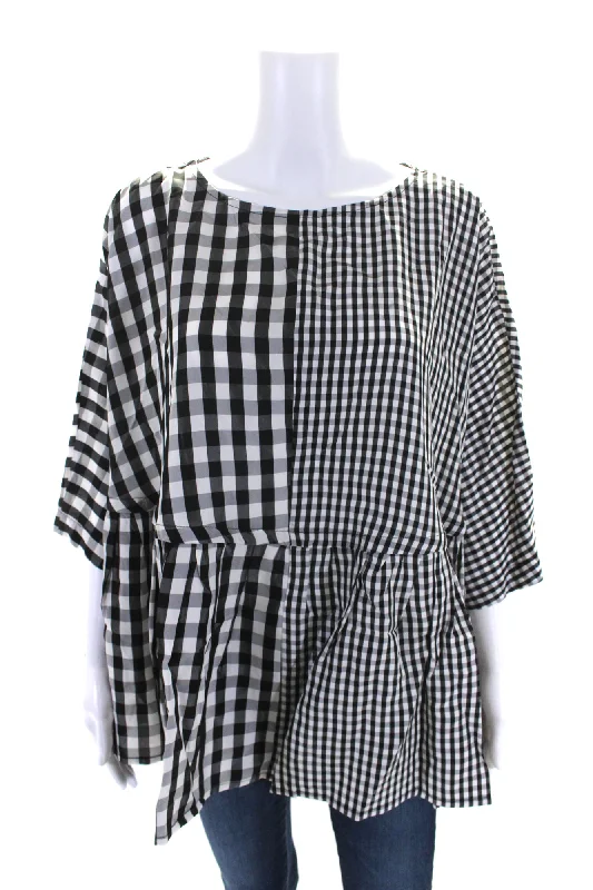 Kedem Sasson Womens Oversize Short Sleeve Gingham Top Blouse Black White