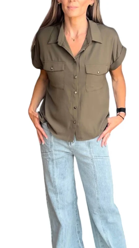 Short Sleeve Button Down Blouse Top In Olive