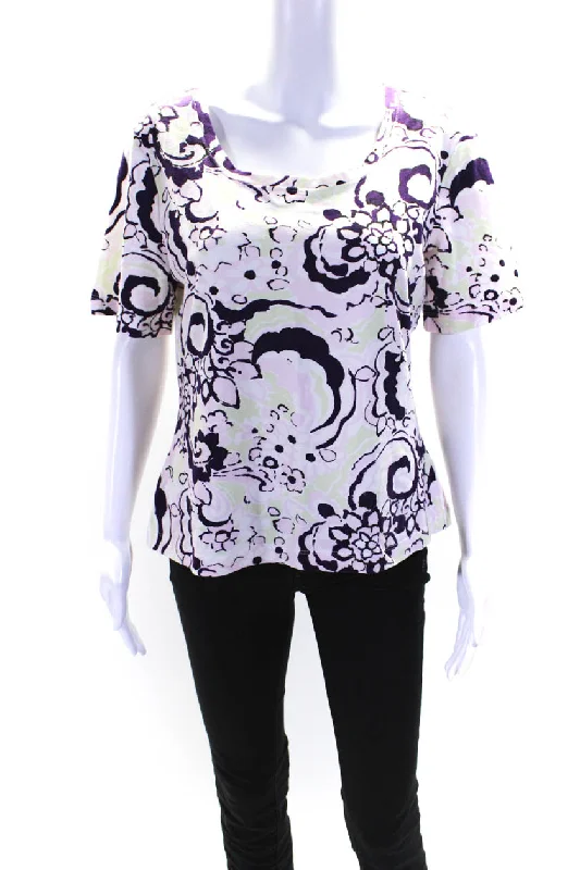 St. John Sport Womens Floral Print Short Sleeves Blouse Pink Purple